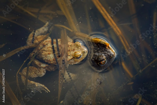 Obraz Frog mating season. Pair of European common toad, Bufo bufo, in water in breeding season. Egg strings around. Spring in wild nature. Wildlife. Amphibian in natural habitat. Smaller male grasps female.