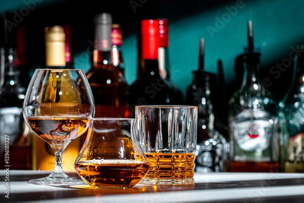 Fototapeta Strong hard alcoholic drinks, spirits, distillates, whiskey and others in glasses and bottles. Drink background banner. Alcohol set