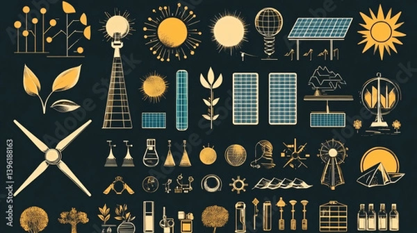 Fototapeta Sustainable energy solutions vector graphics solar panels wind turbines and green technology illustrations set 100