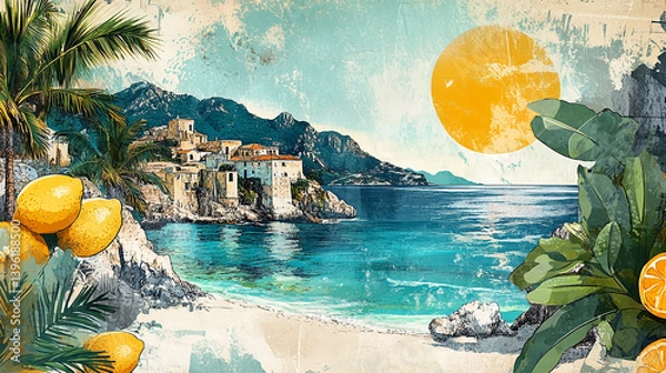 Fototapeta Watercolor painting of amalfi coast with lemons and palm trees for travel and summer vacation vibes
