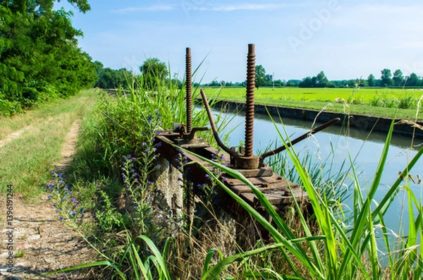 Fototapeta Una vecchia chiusa arrugginita lungo un canale nella campagna vicino a Pavia lungo la Via Francigena