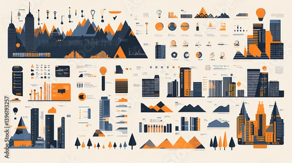 Fototapeta Urban planning and architecture infographic design with buildings charts and data visualization elements set