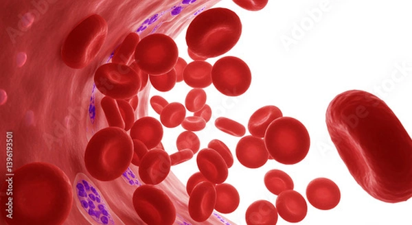 Fototapeta A vibrant river of lifeblood flowing through the body's intricate network, a microscopic journey into the heart of health with rich red tones and detailed cellular structures.