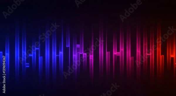 Fototapeta Energetic glowing vertical lines pulse with vibrant blue, purple, and red hues against a dark backdrop, creating a dynamic and futuristic atmosphere.