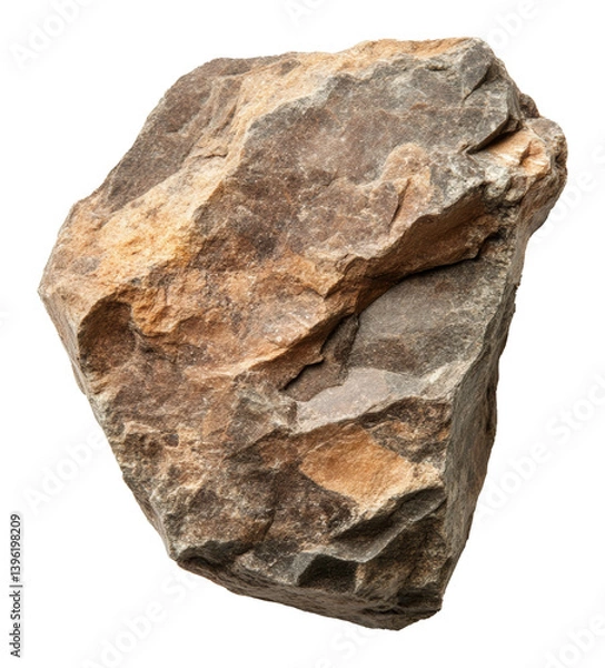 Fototapeta Large textured brown rock with rough surface isolated on transparent background, geological study