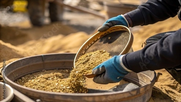 Fototapeta Person sifting sand through a mesh sieve into a metal container with gloved hands outdoors in daylight
