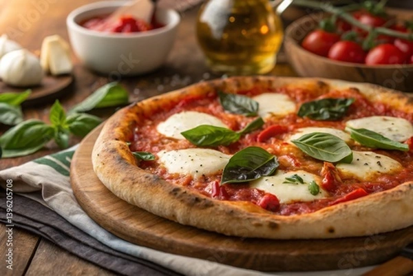 Fototapeta Delicious margherita pizza with fresh basil mozzarella and roasted peppers on a rustic wooden board
