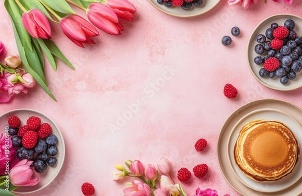 Fototapeta Flat lay of spring tulips, fresh berries, and pancakes on plates against a pastel pink background, ideal for a Mother's Day greeting card template. Copy space included.