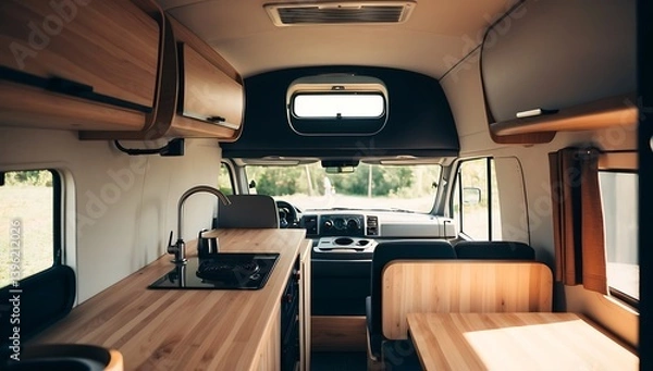 Fototapeta Cozy and well-designed interior of a camper van or RV with a designated kitchen area and sink, Interior of camper van, Interior of kitchen in motor home, created with generative ai