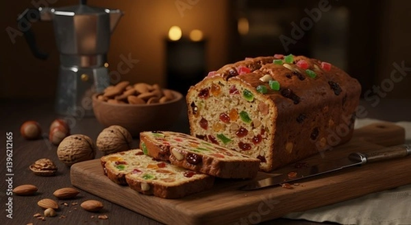 Fototapeta Festive fruitcake with mixed candied fruits and nuts still life composition