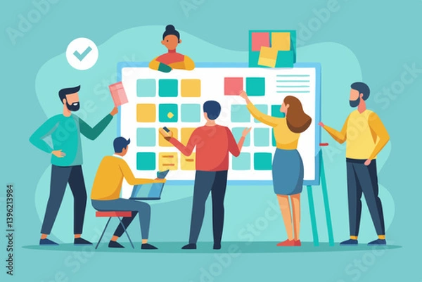 Fototapeta Teamwork planning and collaboration session with sticky notes on a board and team members involved