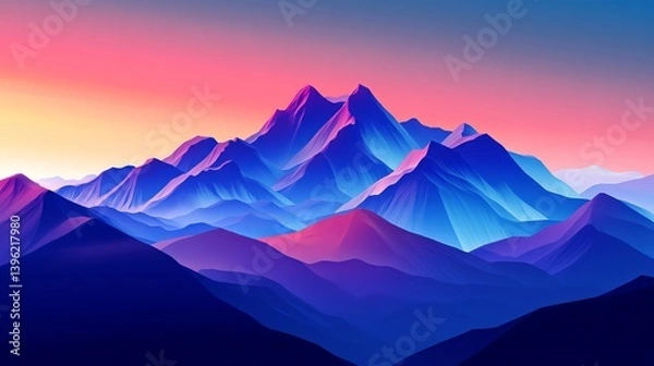 Fototapeta A digital painting of mountain ranges with a colorful sunset and a vibrant color palette