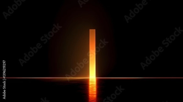 Obraz Vertical orange light beam shining against a dark background, illuminating the floor with a reflective orange surface, creating contrast.
