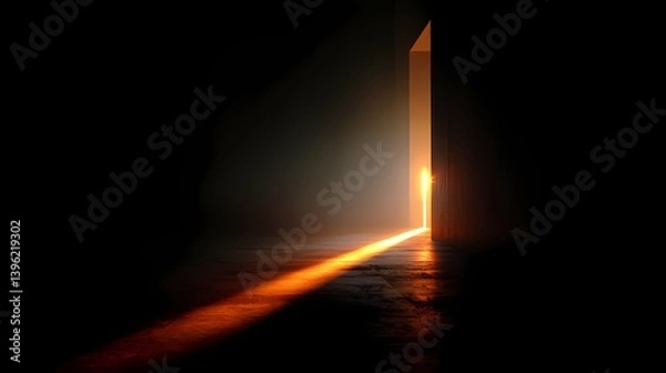 Obraz Mysterious door open into bright light illuminating the dark room, creating a sense of curiosity and uncertainty.