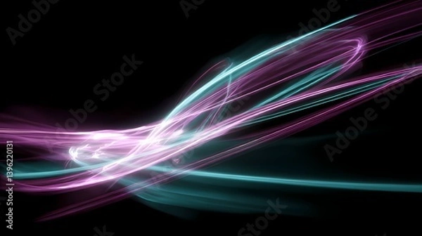 Obraz Abstract Light Trails: Swirling ribbons of pink and teal light dance against a stark black backdrop, creating a sense of movement and energy.