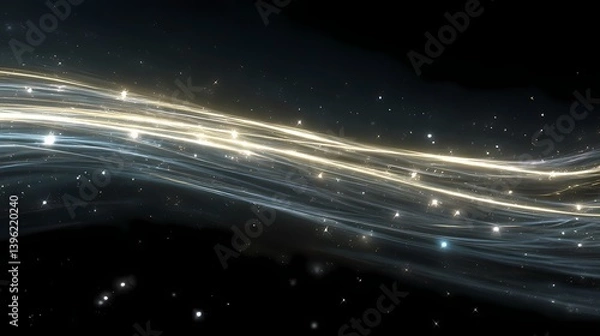 Obraz Streaks of white and gold light with shimmering particles against a dark backdrop evoke a sense of cosmic energy and ethereal movement.