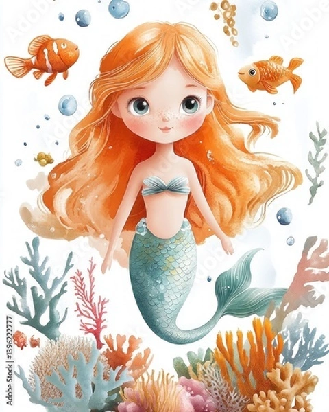 Fototapeta Cute Mermaid Watercolor Illustration with Sea Creatures Coral and Underwater Life for Baby Shower Nursery Invitations and Birthday Party