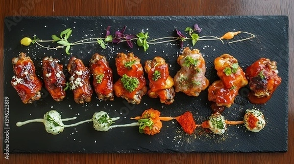 Fototapeta An artistic arrangement of glazed meat dishes garnished with herbs, set on a black slate platter, showcasing vibrant colors and appealing textures