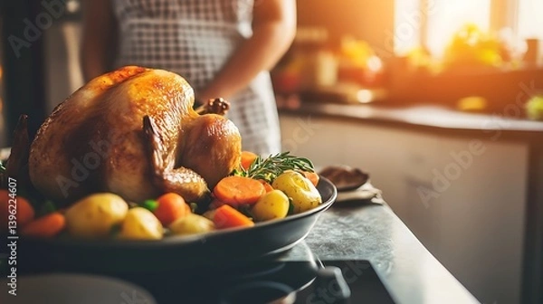 Fototapeta A beautifully roasted turkey on a festive table surrounded by colorful vegetables in a warm kitchen setting, evoking a cozy and celebratory atmosphere