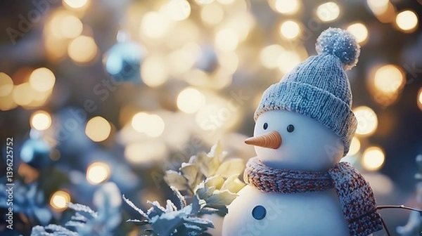Fototapeta Snowman wearing a knitted hat and scarf with a blurred background of glowing Christmas lights and festive decorations at night