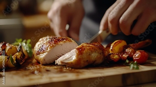 Fototapeta Culinary scene featuring a chef slicing a roasted chicken breast on a wooden cutting board, surrounded by vibrant roasted vegetables including cherry tomatoes and asparagus