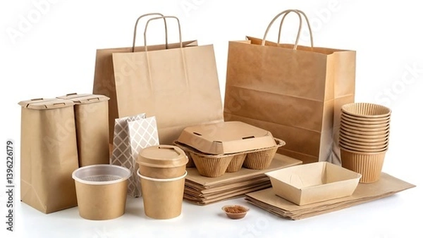Fototapeta Assortment of brown paper bags containers and cups for takeout food on a white background studio shot