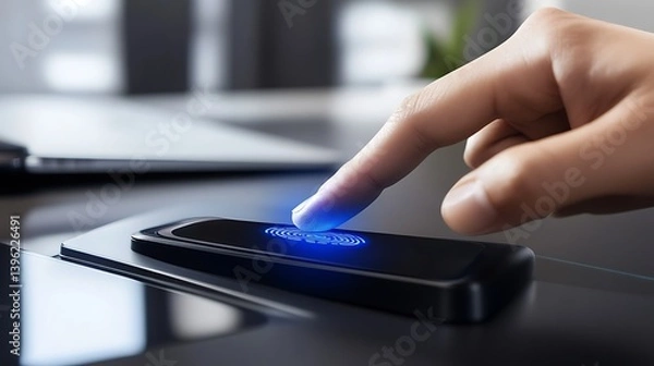 Fototapeta A close-up image of a hand gently pressing a fingerprint on a sleek black smartphone screen, showcasing modern technology and biometric authentication features in a minimalist workspace setting