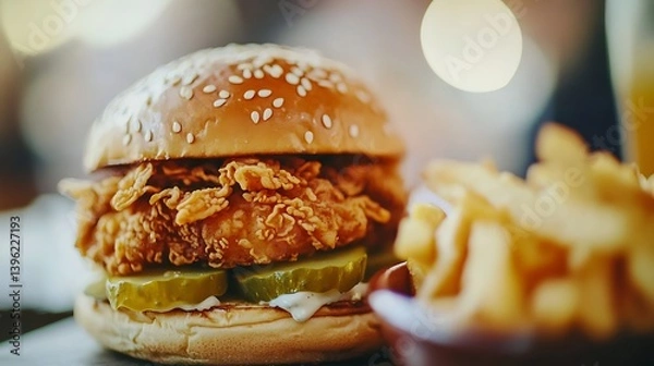 Fototapeta Close-up of a delicious fried chicken burger with crispy coating, pickles, and mayonnaise, served alongside golden fries in a warm atmosphere