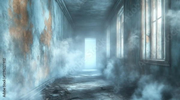 Fototapeta Mysterious Foggy Corridor with Light Streaming Through Windows Abandoned Interior Haunting At