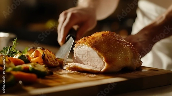 Fototapeta A close-up of a hand slicing a perfectly roasted turkey breast on a wooden cutting board surrounded by colorful, roasted vegetables in a softly lit kitchen setting