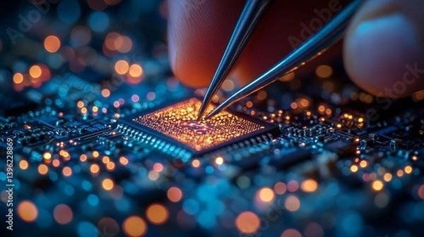 Fototapeta Close-up of a hand using tweezers to handle a microchip surrounded by glowing circuitry in a dark environment, emphasizing technology and precision