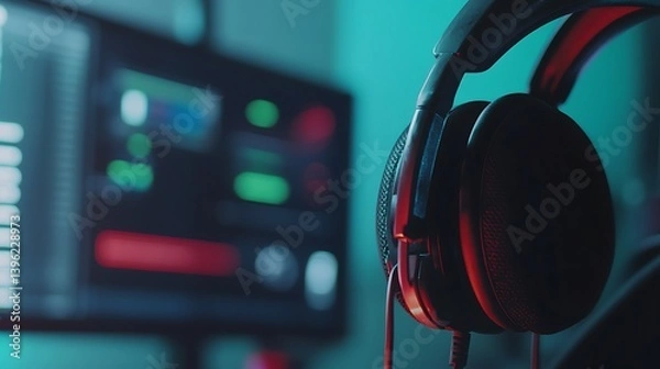 Fototapeta Close-up of a gaming headset with vibrant blue and red lighting in a modern workspace featuring a computer screen with audio waveforms and digital interfaces in the background
