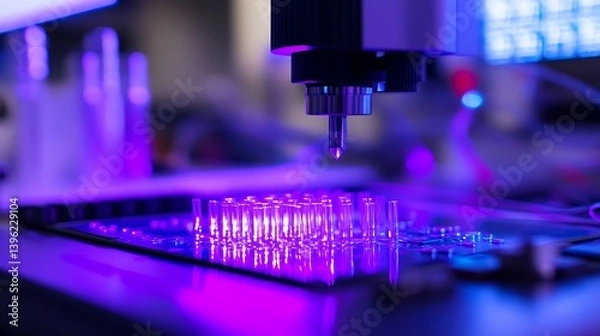 Fototapeta Close-up of a high-tech scientific instrument in a laboratory, featuring intricate details with vibrant purple lighting and blurred background elements