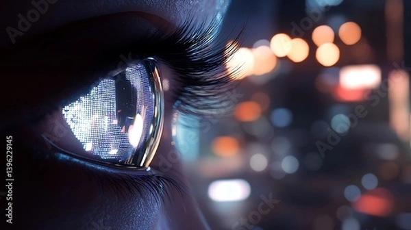 Fototapeta Close-up of a human eye reflecting colorful city lights, showcasing vibrant hues and intricate details, emphasizing a sense of wonder and exploration in an urban environment at night