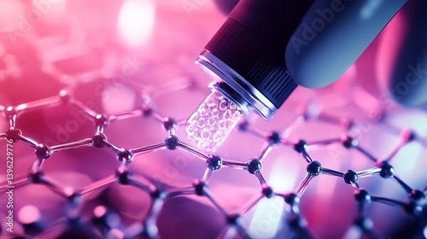 Fototapeta Close-up of a laboratory hand holding a laser device focusing on a molecular structure illuminated in vibrant purple hues, symbolizing advanced scientific research and technological innovation