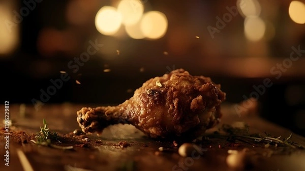 Fototapeta Close-up of a juicy, golden-brown fried chicken drumstick on a wooden surface with scattered herbs and spices, evoking a warm and inviting atmosphere in a dimly lit setting