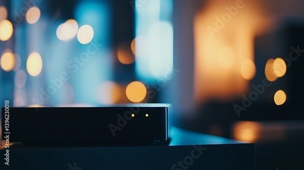 Fototapeta Close-up of a modern, sleek black device on a table with subtle glowing indicators, set against a softly lit, blurred background, creating a cozy evening ambiance