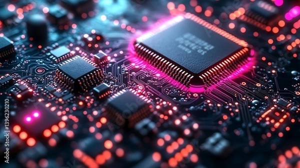 Fototapeta Close-up of a modern computer chip on a motherboard with illuminated circuit pathways and colorful LED highlights depicting advanced technology and innovation