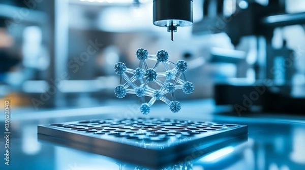 Fototapeta Close-up view of a molecular structure being analyzed on a laboratory platform with dynamic lighting effect and a futuristic ambience