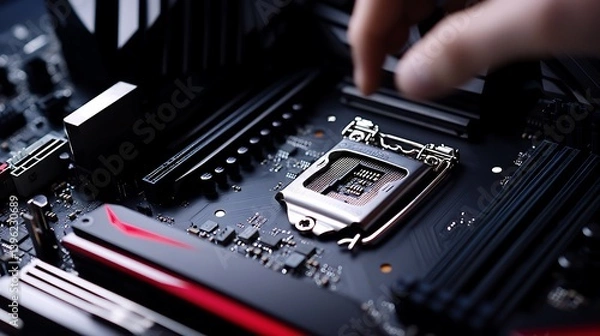 Fototapeta Close-up of a person carefully installing a CPU onto a sleek, modern motherboard showcasing intricate circuitry and black-red color scheme