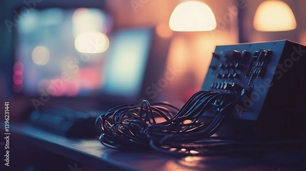 Fototapeta Close-up of an audio mixer with tangled cables in a dimly lit room with soft glowing lamps and blurred screens in the background creating a creative atmosphere