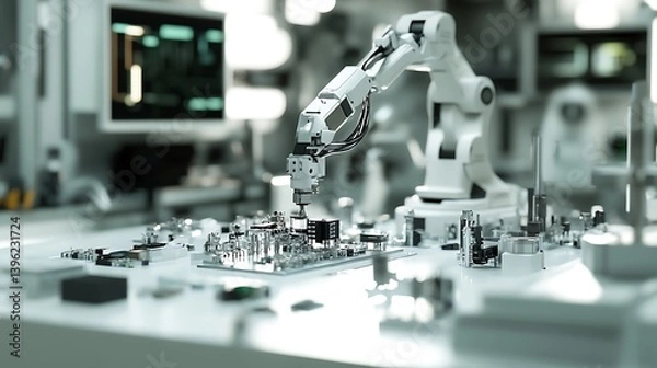 Fototapeta Close-up of a robotic arm assembling electronic components on a circuit board in a high-tech laboratory with blurred screens in the background
