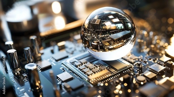 Fototapeta Close-up of a reflective droplet resting on a microchip, revealing intricate circuits and light reflection on a blurred background, showcasing technology and innovation