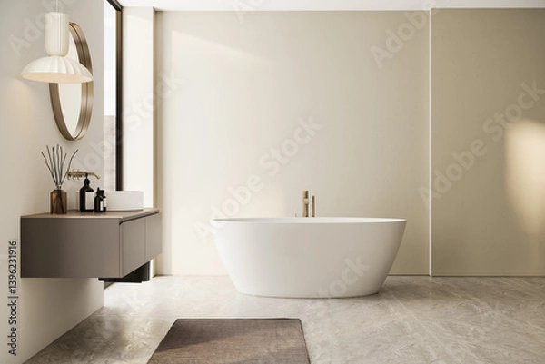 Obraz Side view of a stylish Japandi bathroom with a centered freestanding bathtub, wall-mounted vanity, and warm natural light entering from the left.  3D render.