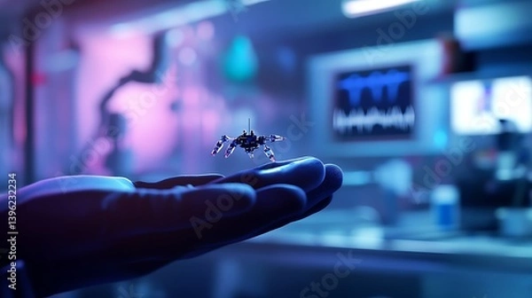 Fototapeta Close-up of a robotic insect resting on a gloved hand in a lab with colorful lighting and high-tech equipment in the background