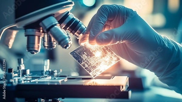 Fototapeta Close-up of a laboratory hand holding a transparent slide with sparkling particles under microscope in a sophisticated scientific environment
