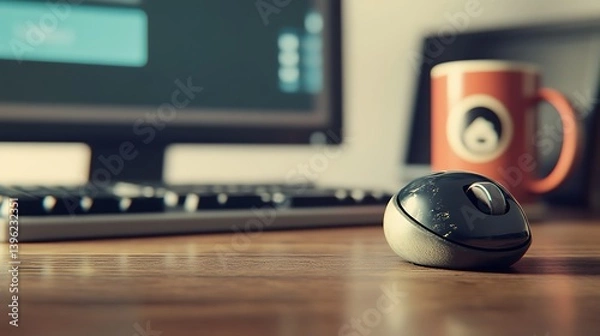 Fototapeta Close-up view of a sleek computer mouse on a wooden desk with a blurred background featuring a computer screen and a coffee mug, conveying a modern workspace atmosphere