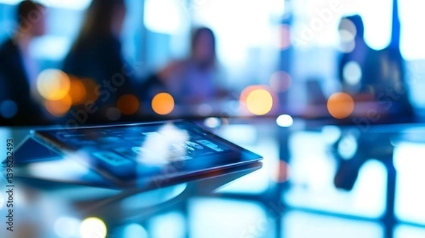 Fototapeta A close-up of a tablet with business analytics displayed, set on a reflective glass table in a modern office environment, blurred colleagues in the background