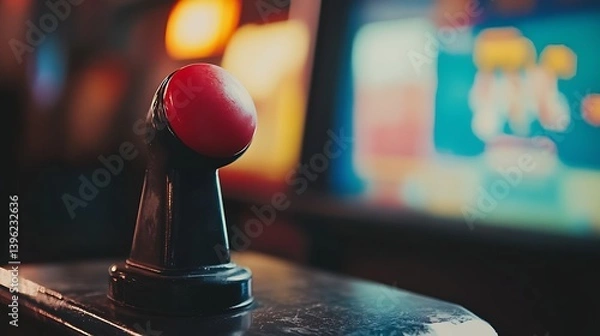 Fototapeta Close-up of a vintage arcade joystick with a red ball top in a dimly lit gaming environment with colorful screens in the background, evoking nostalgia and excitement
