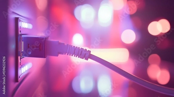 Fototapeta Close-up of a white Ethernet cable plugged into a modern wall socket illuminated by colorful bokeh lights, creating a vibrant and energetic atmosphere